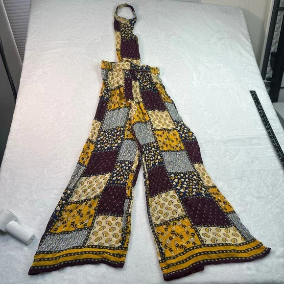 Earthbound Trading Co Jumpsuit Women Size M Multicolor Patchwork Halter Wide Leg - Picture 4 of 12